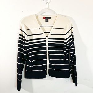 Sandra King Cardigan Black & Cream Striped V Neck Button Up Silk Blend Sz LP EUC